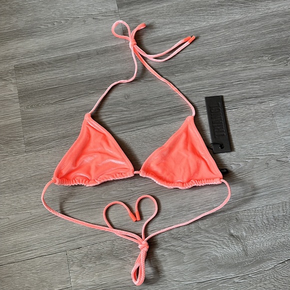 Orange coral velvet string top with high waist bottom set. - Picture 11 of 16